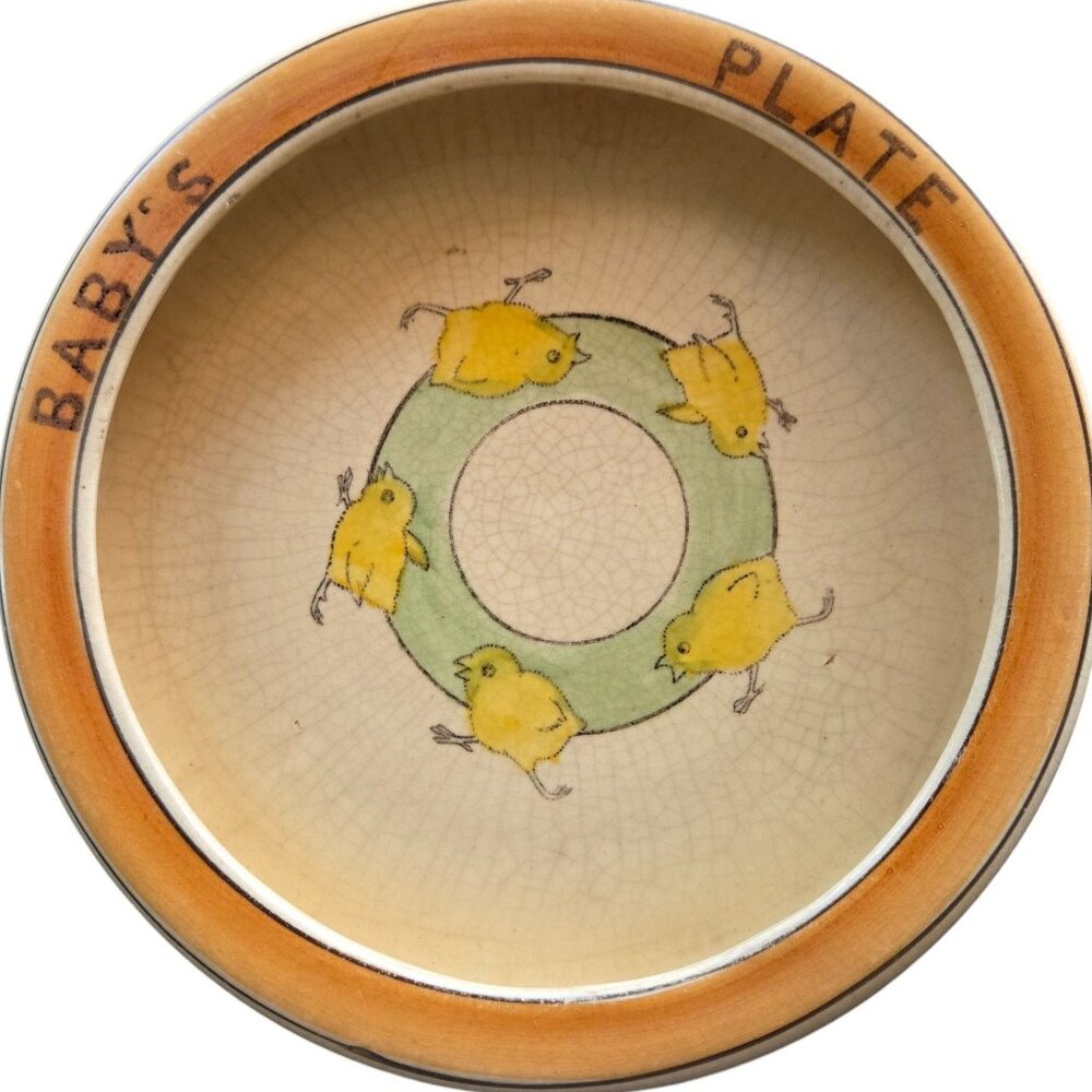 Vintage Roseville Ceramic Babys Plate With Yellow Chicks In Green Circle Design